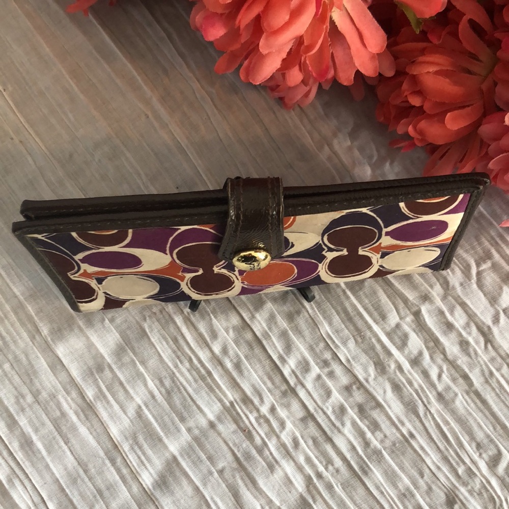 COACH Ashley Signature Silk bifold checkbook wallet brown leather w/purple - Picture 3 of 16